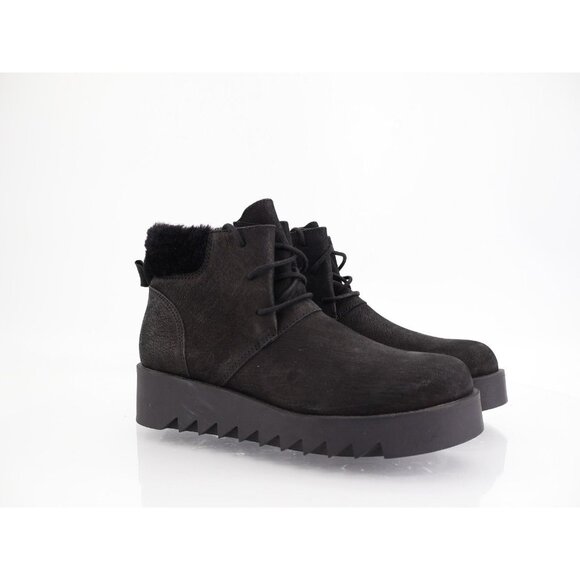 Eileen Fisher Kenille Genuine Shearling Trim Wedge Bootie Sz 7.5 Black Platform - Picture 1 of 11